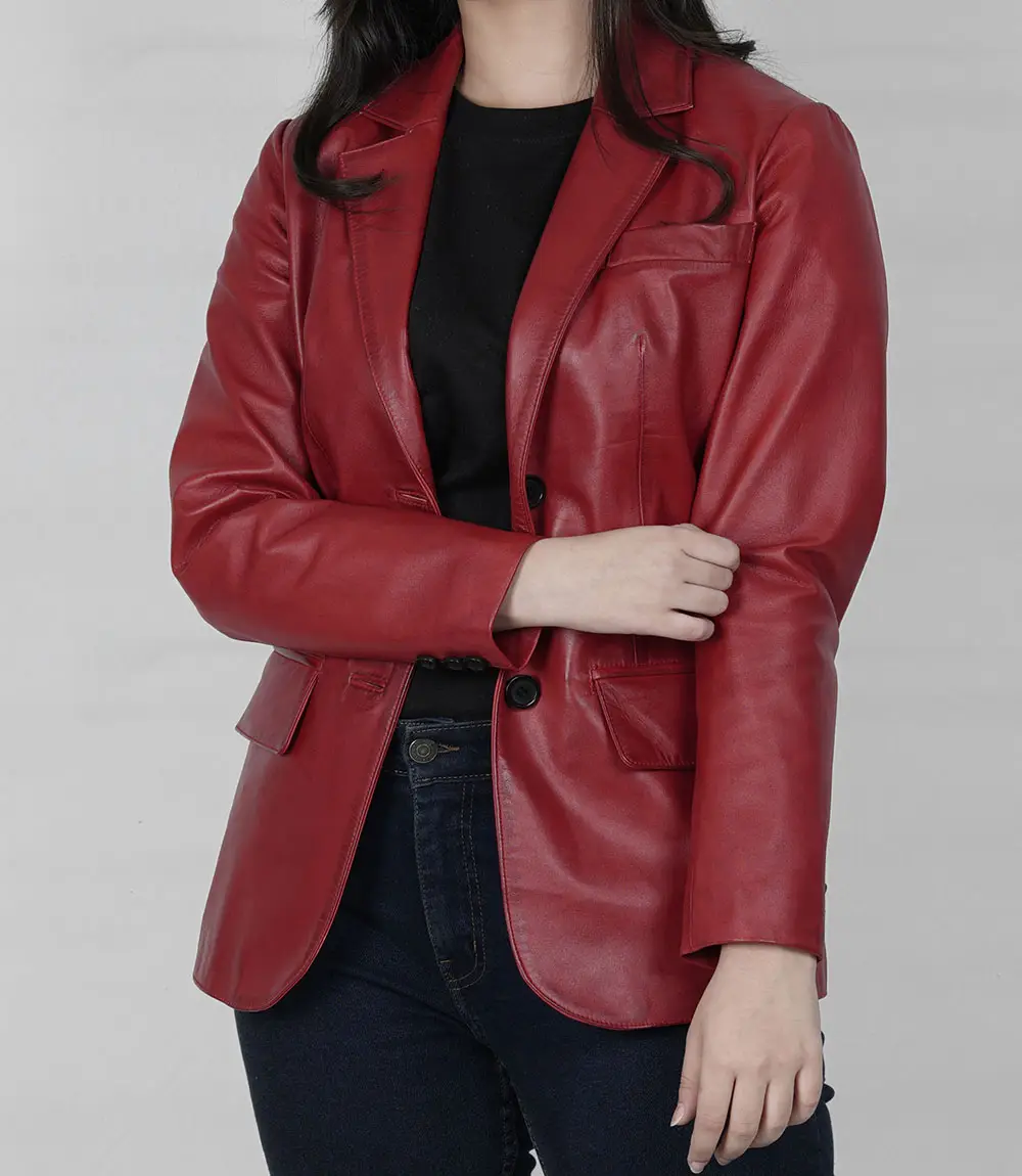 Women's Two Button Red Leather Blazer Jacket