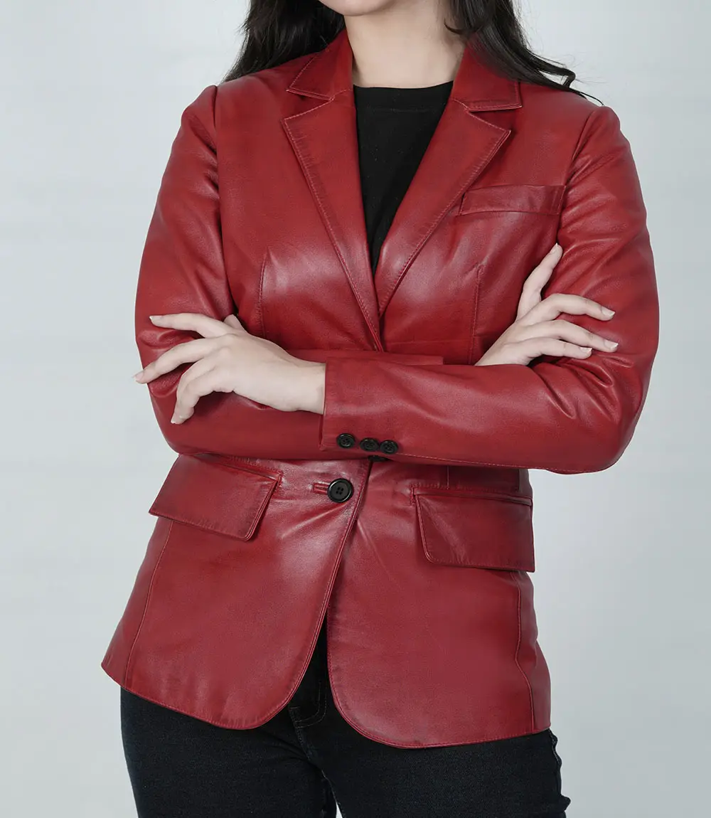 Women's Two Button Red Leather Blazer Jacket