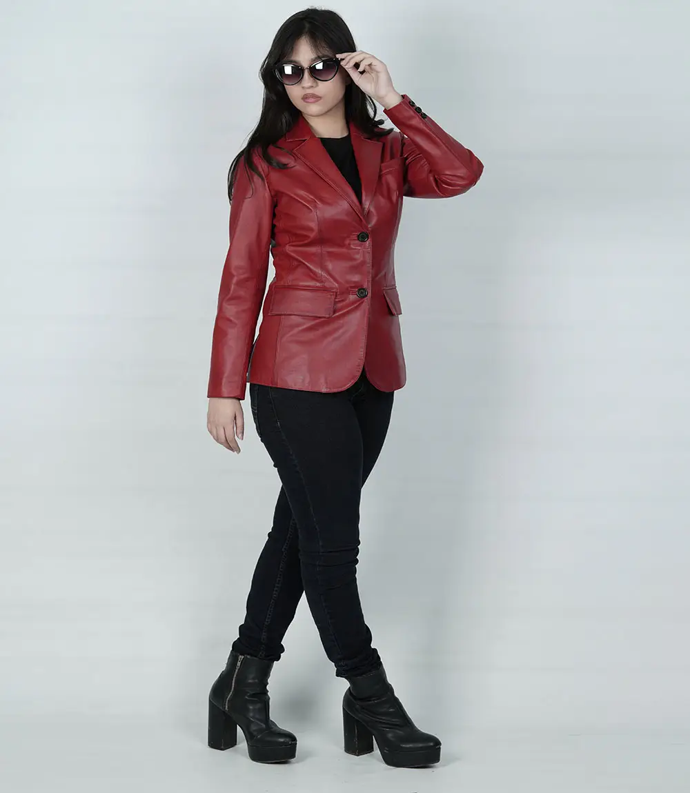 Women's Two Button Red Leather Blazer Jacket