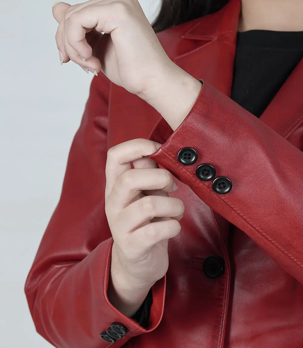 Women's Two Button Red Leather Blazer Jacket